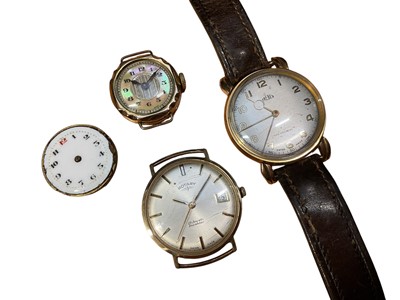 Lot 31 - 1940s Trebex gold cased wristwatch with fancy lugs on brown leather strap, 1970s Rotary gold cased calendar wristwatch, vintage gold plated watch