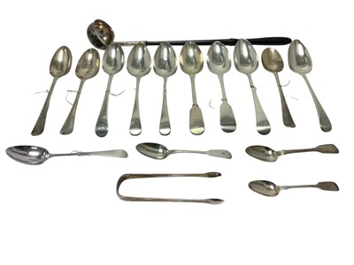 Lot 326 - Group of ten Georgian silver table spoons, George III silver toddy ladle and other items
