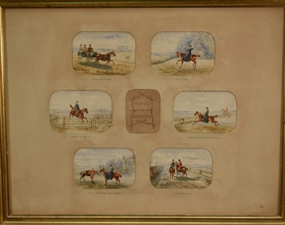 Lot 1234 - Set of twelve Victorian watercolours - 'An Unlucky Day' and 'Hunting Incidents', each panel titled