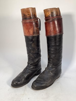 Lot 1190 - Pair of vintage leather hunting boots with brown tops and wooden trees