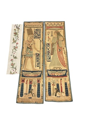 Lot 2111 - Pair of antique Egyptian Revival tapestry wall hangings, together with a crewel work panel (3)