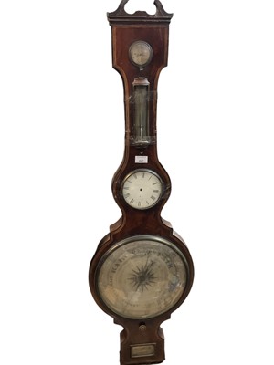 Lot 827 - Large George III clock barometer thermometer of banjo form