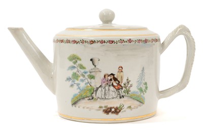 Lot 658 - Chinese Export drum shaped teapot and cover, painted with European figures including Pierrot, circa 1800