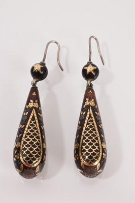 Lot 721 - Pair of Victorian tortoiseshell piqué work pendant drop earrings