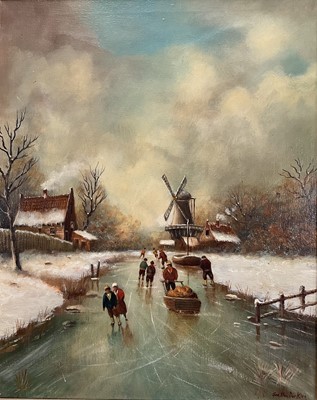 Lot 918 - Jan Van Der Klein, Dutch School, oil on canvas - Figures Skating on a Frozen River, signed, 51cm x 41cm, in gilt frame