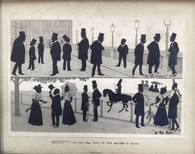 Lot 238 - Victorian printed silhouette - 'Society, in the 60th year of Her Majesty's Reign', a hand written list verso of the various figures, 18.5cm x 23.5cm, in glazed frame