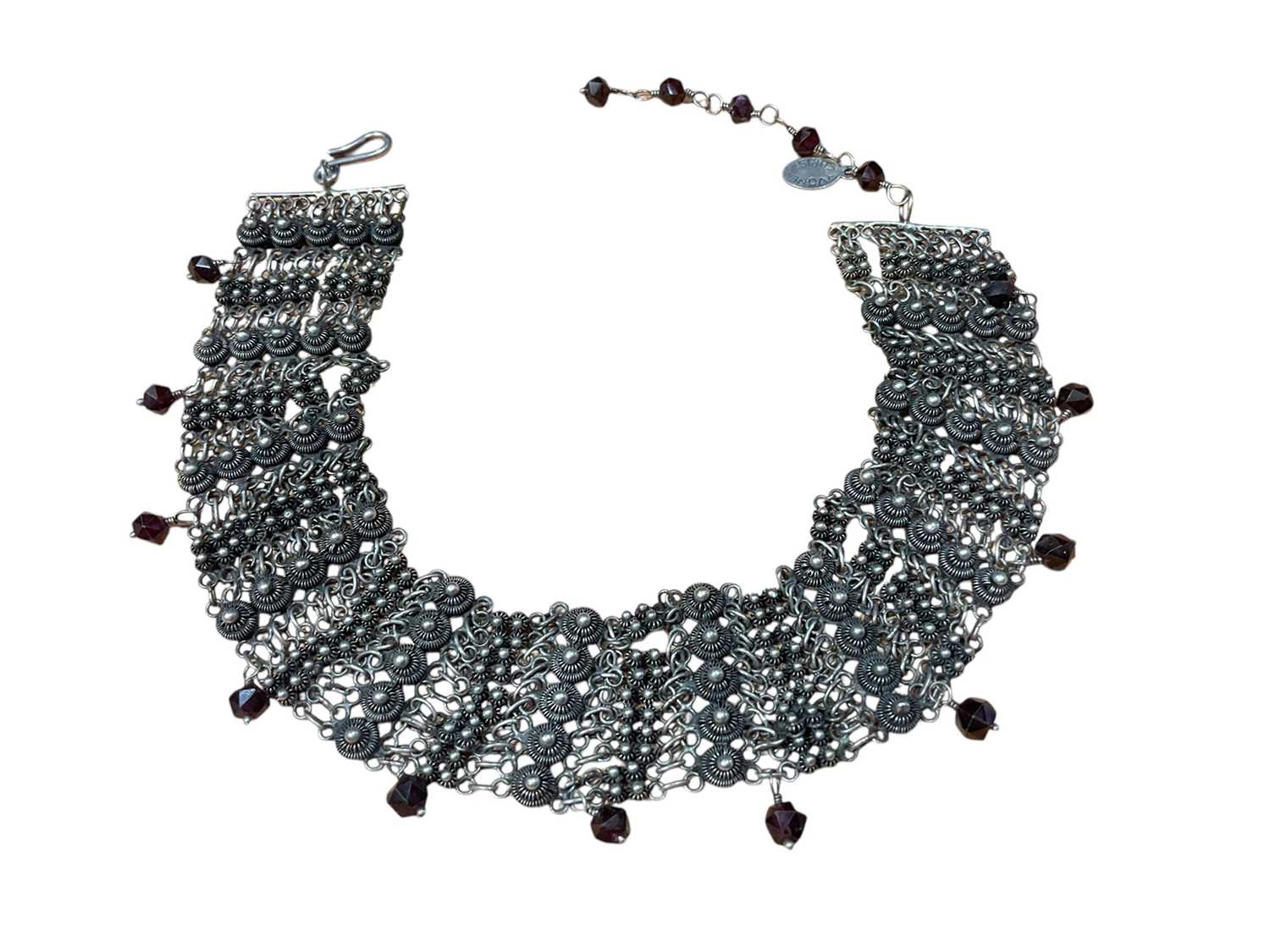Lot 33 - Yvone Christa silver and garnet chocker necklace with filigree decoration and faceted garnet bead drops