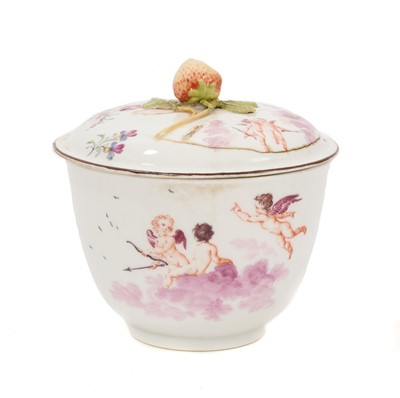 Lot 168 - Rare Chelsea sucrier and cover, with strawberry knop, painted with putti amidst clouds, circa 1755