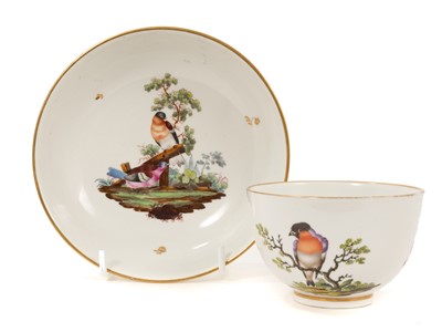 Lot 210 - Hochst teacup and saucer, painted with birds, circa 1770