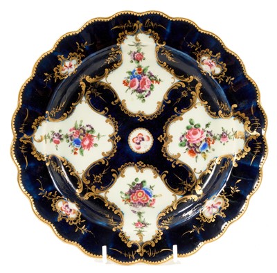 Lot 190 - Worcester Burdett Coutt Service blue ground plate, circa 1770. Provenance; Baroness Burdett Coutt, the service sold by her family in 1922