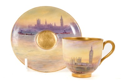 Lot 174 - Royal Worcester coffee cup and saucer, painted with London views painted by Harry Davis