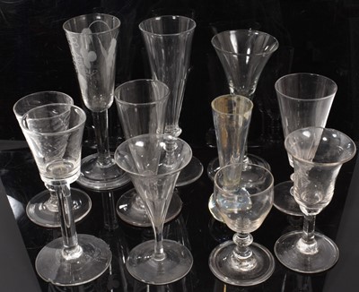 Lot 196 - 18th century ale flute, with engraved bowl, other drinking glasses and a bud vase