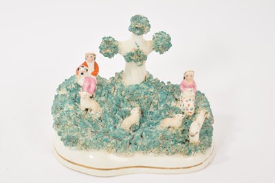 Lot 184 - Unusual Staffordshire porcelain group of children and lambs, circa 1860