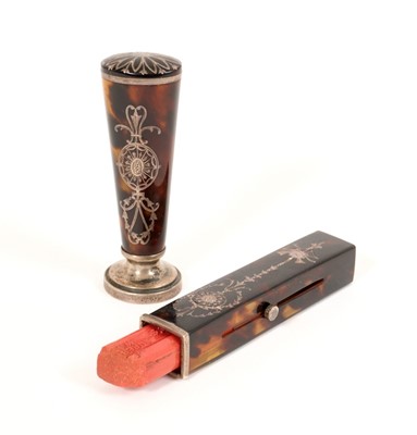 Lot 439 - Silver mounted tortoiseshell hand seal and sealing wax holder