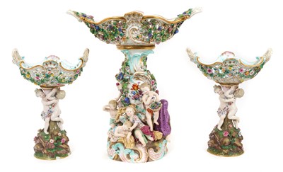 Lot 1 - Trio of late 19th century Meissen table centres, each mounted with cherubic figures