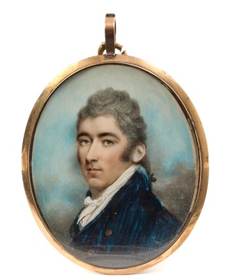 Lot 102 - Attributed to George Engleheart (1750-1829) portrait miniature on ivory, George Wynyard in blue velvet coat with white stock