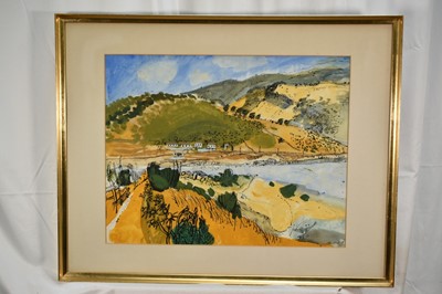 Lot 1385 - English School, late 20th century mixed media - Yellow landscape, signed Moore, 43cm x 55cm, in glazed frame