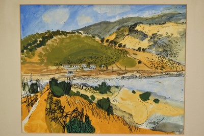 Lot 156 - English School, late 20th century mixed media - Yellow landscape, signed Moore, 43cm x 55cm, in glazed frame