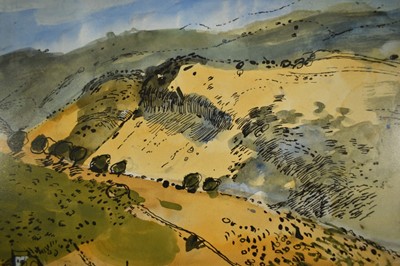 Lot 156 - English School, late 20th century mixed media - Yellow landscape, signed Moore, 43cm x 55cm, in glazed frame