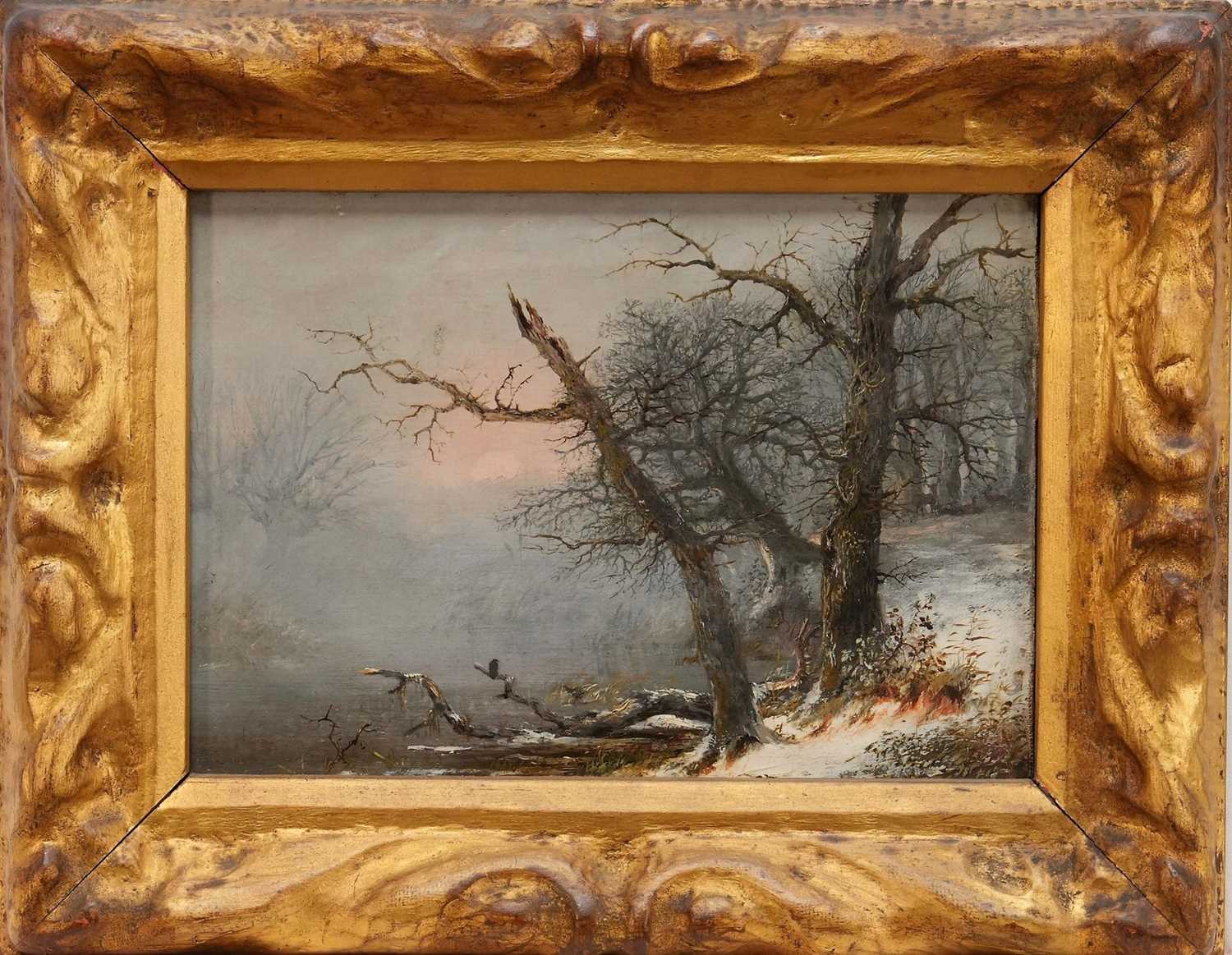 Lot 1183 - Henry Bright (1810-1873) oil on canvas - Snow Covered River Landscape, indistinctly signed, 18cm x 25.5cm in gilt frame