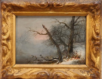 Lot 1183 - Henry Bright (1810-1873) oil on canvas - Snow Covered River Landscape, indistinctly signed, 18cm x 25.5cm in gilt frame