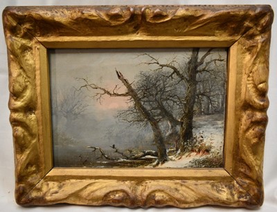 Lot 1183 - Henry Bright (1810-1873) oil on canvas - Snow Covered River Landscape, indistinctly signed, 18cm x 25.5cm in gilt frame