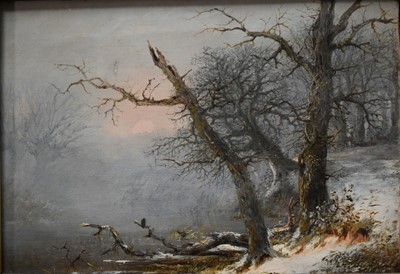 Lot 1183 - Henry Bright (1810-1873) oil on canvas - Snow Covered River Landscape, indistinctly signed, 18cm x 25.5cm in gilt frame
