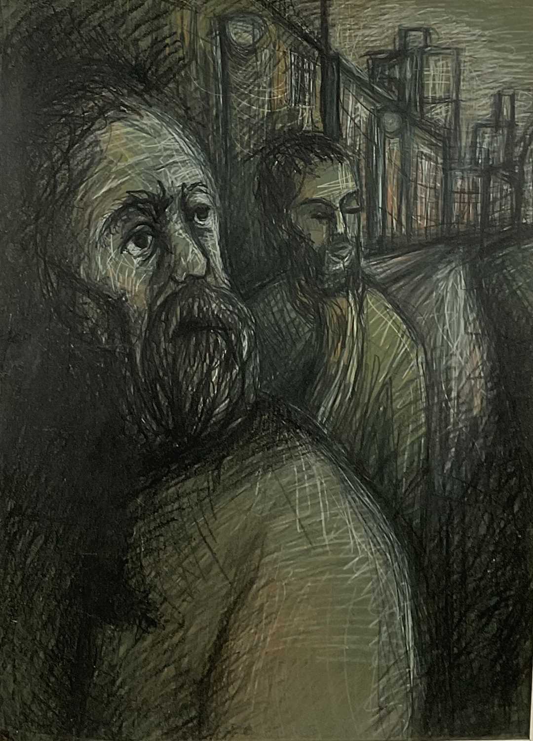 Lot 23 - Modern British mixed media, two men in a cityscape, 74cm x 53.5cm, framed
