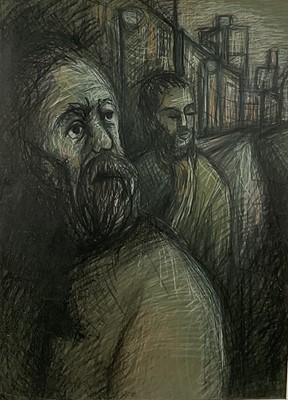 Lot 353 - Modern British mixed media, two men in a cityscape, 74cm x 53.5cm, framed