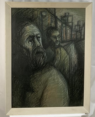 Lot 23 - Modern British mixed media, two men in a cityscape, 74cm x 53.5cm, framed