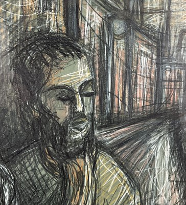 Lot 23 - Modern British mixed media, two men in a cityscape, 74cm x 53.5cm, framed