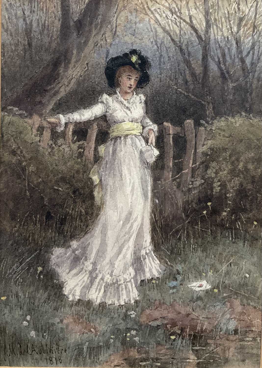 Lot 130 - Georgina Martha de L'Aubiniere (1848-1930) watercolour, Lady in landscape, signed and dated 1878, 16cm x 11.5cm,in glazed frame.