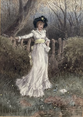Lot 130 - Georgina Martha de L'Aubiniere (1848-1930) watercolour, Lady in landscape, signed and dated 1878, 16cm x 11.5cm,in glazed frame.