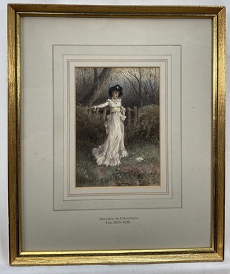 Lot 130 - Georgina Martha de L'Aubiniere (1848-1930) watercolour, Lady in landscape, signed and dated 1878, 16cm x 11.5cm,in glazed frame.