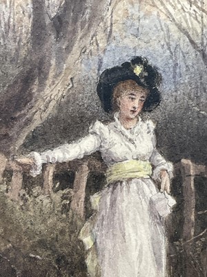 Lot 130 - Georgina Martha de L'Aubiniere (1848-1930) watercolour, Lady in landscape, signed and dated 1878, 16cm x 11.5cm,in glazed frame.
