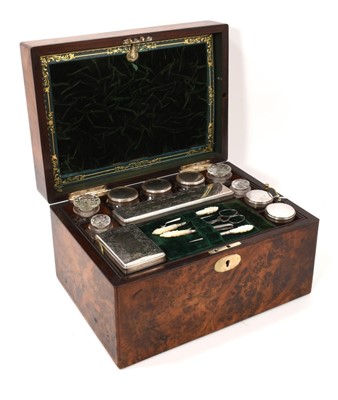 Lot 1032 - Victorian burr walnut work box fitted with silver plated jars and accessorie...
