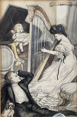 Lot 316 - Carton Moore-Park (1877-1956) watercolour and ink, Lady playing harp, 16.5cm x 11cm, Signed , in glazed frame