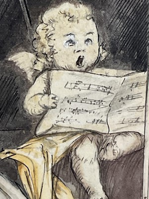 Lot 128 - Carton Moore-Park (1877-1956) watercolour and ink, Lady playing harp, 16.5cm x 11cm, Signed , in glazed frame