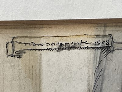 Lot 128 - Carton Moore-Park (1877-1956) watercolour and ink, Lady playing harp, 16.5cm x 11cm, Signed , in glazed frame