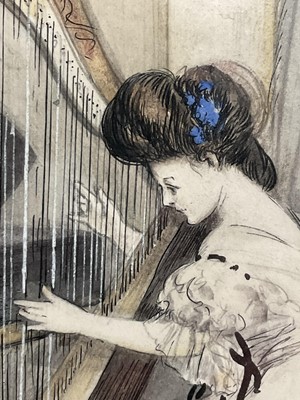 Lot 128 - Carton Moore-Park (1877-1956) watercolour and ink, Lady playing harp, 16.5cm x 11cm, Signed , in glazed frame