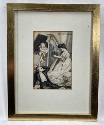 Lot 128 - Carton Moore-Park (1877-1956) watercolour and ink, Lady playing harp, 16.5cm x 11cm, Signed , in glazed frame