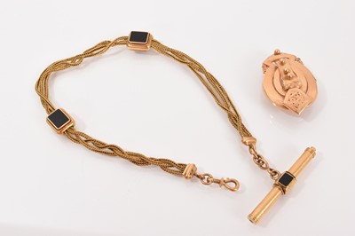Lot 672 - 19th century French gold and black onyx watch chain, together with a 19th century French gold pendant/brooch (2)