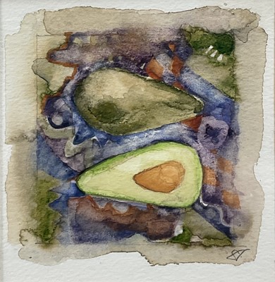Lot 129 - Shirley Trevena watercolour - 'Alligator Pear' 11.5cm x 11cm, signed, in glazed frame