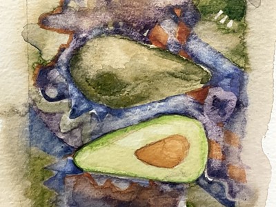 Lot 129 - Shirley Trevena watercolour - 'Alligator Pear' 11.5cm x 11cm, signed, in glazed frame