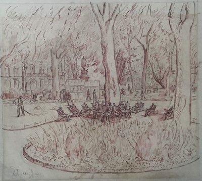 Lot 258 - 20th Century watercolour study, Figures in a park, signed indistinctly, 29cm x 33cm, unframed