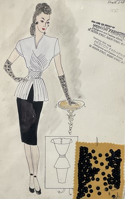 Lot 246 - Two Shanti Dutt for Heddon Fashions 1940’s signed illustrations, one framed and stamped with fabric swatch, 30cm x 19cm, one mounted, 26cm x 19cm