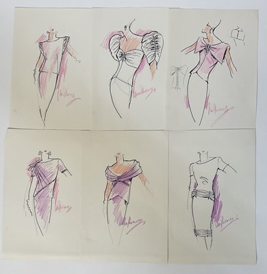 Lot 247 - Six Ian Thomas (d.1993) ‘70’s or ‘80’s signed loose fashion drawings (HM Queen Elizabeth's dress designer), 28cm x 20cm (6)