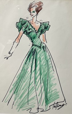 Lot 307 - Ian Thomas (1929-1953) Royal Couturier, two signed fashion drawings (dress designer for HRH Queen Elizabeth) 29cm x 19cm, mounted