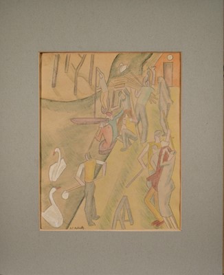 Lot 1453 - *William Patrick Roberts (1895-1980) pencil, watercolour wash drawing from a sketch book - 'Swan Upping', signed, 23cm x 18.5cm, unframed