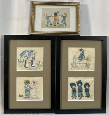 Lot 248 - Five paintings of children on silk after Kate Greenaway, signed with initials, approx 7cm x 9cm, one single and two pairs framed together (5)